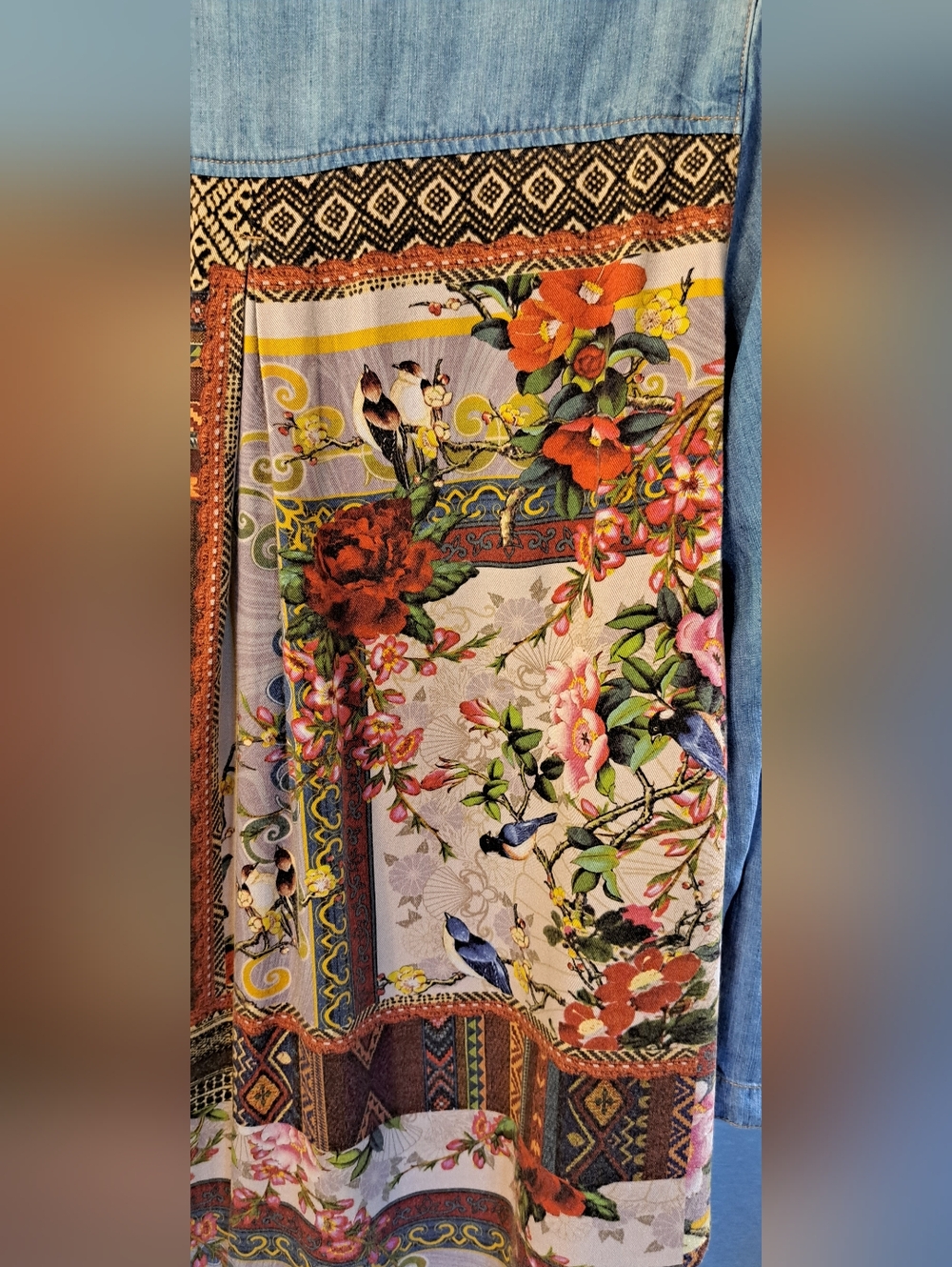 Gorgeous John Mark Multi Fabric Top Blouse Boho Birds Aztec Roll Tab LRG - Picture 7 of 12